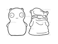 two cartoon bears with their faces drawn in black and white, one is holding a bag