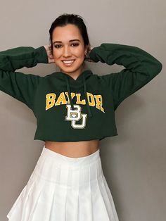 Custom Vintage Baylor University Cropped Hooded Sweatshirt Collegiate Hooded Tops For Sports Season, Collegiate Hooded Tops For Game Day, Game Day Fan Apparel Tops With Drawstring Hood, Collegiate Top With Drawstring Hood For Sports Season, Game Day Tops With Drawstring Hood For Sports Season, Sporty Top With Drawstring Hood For Game Day, Collegiate Crew Neck Top With Drawstring Hood, Fan Apparel Long Sleeve Sweatshirt With Adjustable Hood, Hooded Tops For Game Day In Winter