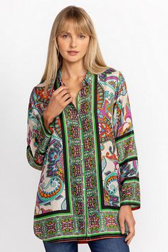 Crafted from 100% sumptuous silk, the Delia Tunic offers a brilliant combination of color and pattern. Featuring a traditional collared button-front and a beautifully ornate pattern with contrasting border designs is finished with roll-tab sleeves and a shirttail hem. Pair with classic black leggings and flats for a timeless casual look. Johnny Was Women's Delia Tunic in Cachemir Scarf Print White, Size Large, Silk Luxury Printed Blouse For Spring, Designer Multicolor Floral Print Blouse, Multicolor Print Long Sleeve Silk Blouse, Multicolor Silk Button-up Blouse, Silk Long Sleeve Multicolor Print Blouse, Multicolor Print Silk Long Sleeve Blouse, Silk Long Sleeve Blouse In Multicolor Print, Multicolor Printed Blouse For Spring, Long Sleeve Silk Blouse With Vibrant Print