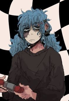 an anime character with blue hair holding a cell phone