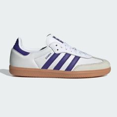 Cloud White / Energy Ink / Off White Purple And White Brand New, Never Worn Sambas. Both White And Purple Laces Purple Sambas, Adidas Sleek, Adidas White Shoes, Purple Adidas, Light Running Shoes, Black Casual Shoes, Bold Shoes, Adidas Shoes Superstar, Adidas Purple