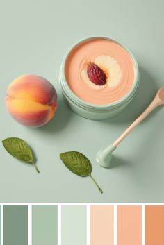 a peach and green color palette with some fruit on the side, including two spoons