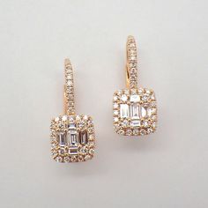 Vintage 18k (.750) rose gold lever-back earrings, encrusted with 62 full cut and 10 baguette cut Diamonds: SI clarity, color H-I, weight stamped by the manufacturer - 0.54ctw. These marvelous earrings are 17 mm long, 7 mm wide, weighing a total 3 grams. AMJ6 Baguette Cut Diamond, Baguette Cut, 18k Rose Gold, Vintage Watches, Antique Jewelry, Round Cut, San Jose, Natural Diamonds, Jewelry Earrings Dangle