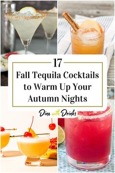 Collage of 4 fall tequila cocktails. Cocktail Party Dinner Ideas, Fall Alcoholic Drinks Tequila, Thanksgiving Cocktail Recipes Tequila, Fall Cocktail Tequila, Winter Tequila Drinks, Thanksgiving Drinks Tequila, Fall/winter Alcoholic Drinks, Autumn Tequila Cocktails