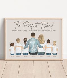 a family photo with the words, the perfect blend on it and an illustration of four children