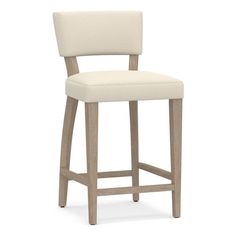 an upholstered bar stool with a white fabric seat and backrest, viewed from the front