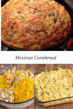 mexican cornbread casserole is shown in three different pans with the same topping