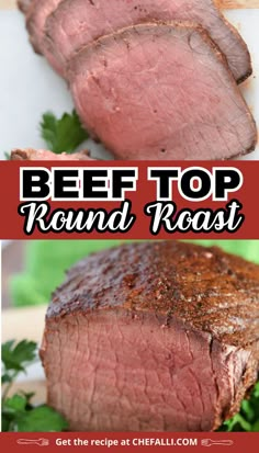 Beef top round roast sliced with a warm pink interior. Beef Roast Crockpot Recipes With Italian Seasoning, How To Cook Beef Top Round Roast, Eye Of Round Roast With Vegetables In Oven, Cooking Top Round Roast In Oven, Cooking Roast Beef In Oven, Oven Round Roast, Top Round Oven Roast, Top Round Roast Beef Recipes, How To Cook Top Round Roast