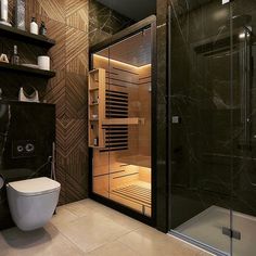 a bathroom with a toilet, shower and shelves