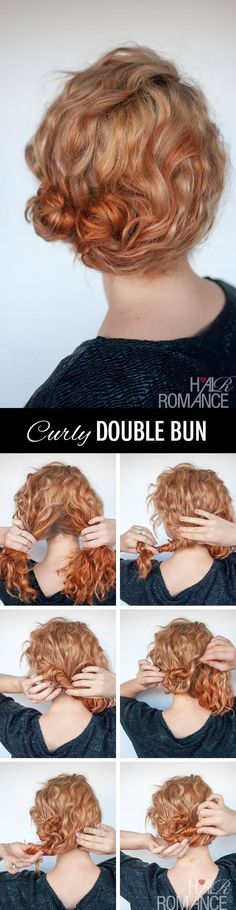 Cute one for curly hair. Hairstyles With Twists, Tutorial For Curly Hair, Hair Romance Curly, Quincera Hairstyles, Bun Ideas, Super Curly Hair, Hair Quince, Double Buns, Curly Bun