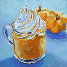 an oil painting of a cup of coffee with whipped cream and pumpkins in the background