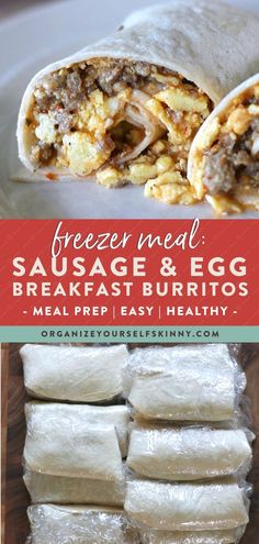 breakfast burritos with eggs, sausage and egg in them