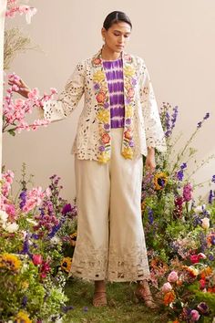 Shop for Chandrima Ivory Collar Embroidered Jacket for Women Online at Aza Fashions Applique Jacket, Ivory Fabric, Applique Shirts, International Style, Indian Designer Outfits, Embroidery Fashion, Round Neck Tops, Embroidered Jacket, Western Dresses