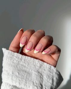 Blue French Manicure, Trendy Summer Nails, Pink French Nails, Pink French, White Nail Polish, Bright Nails, New Place, Oval Nails