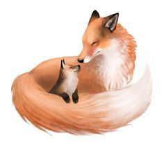 a fox and her baby are cuddling together