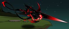 an animated image of a black and red dragon flying through the air with its tail extended