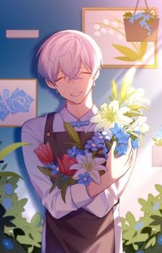 a man with pink hair holding flowers in his hands