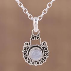 Beautifully dreamy, this gorgeous pendant necklace comes from talented designer Aparna. Like a full moon wavering amidst the clouds, a cabochon of rainbow moonstone shimmers with elegance from within a bezel setting, accented with a dainty rope motif. The beautiful pendant is crafted by hand, with swirls and orbs of sterling silver enveloping the opulent gemstone. Moonstone Pendant Necklace, Rainbow Moonstone Pendant, Jewelry Workshop, Blue Pendant, Moonstone Pendant, Sterling Silver Necklace Pendants, Traditional Jewelry, Favorite Rings, Amethyst Ring