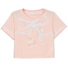 Add a touch of adorable charm to your wardrobe with our lace bowknot design pink bunny and teddy print sweet cropped T-shirt. This delightful piece features a cute bunny and teddy print on a soft pink fabric, accented with a delicate lace bowknot design for a touch of elegance. The cropped length adds a trendy and playful vibe to your outfit, making it perfect for pairing with high-waisted skirts or shorts. Made with high-quality materials, this T-shirt is a must-have for anyone who loves kawaii Cute Pink Bunny Print Tops, Cute Pink Tops With Bunny Print, Cute Pink Top With Bunny Print, Cute Bunny Design T-shirt For Spring, Spring Bunny Design Short Sleeve Top, Pink Crew Neck Top With Bunny Design, Cute Bunny Design Short Sleeve T-shirt, Cute Bunny Design T-shirt, Cute Cotton Tops With Bunny Design