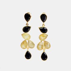 Elegant Black and Gold Rutilated Statement Earrings #black #black-and-gold #black-and-white-necklace Earrings With Black Dress Gold, Luxury Black Enamel Wedding Jewelry, Luxury Artistic Black Jewelry, Big Gold Earrings And Black Dress, Luxury Artisan Black Jewelry, Mother Of The Bride Jewelry, Bridesmaids Earrings, Formal Evening Wear, Bachelorette Party Bride