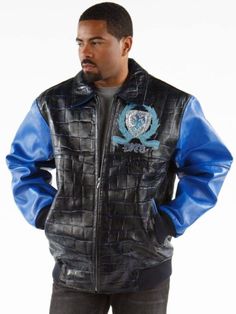 Blue Urban Varsity Jacket For Fall, Urban Style Blue Varsity Jacket For Fall, Winter Blue Leather Jacket With Pockets, Blue Leather Streetwear Outerwear, Blue Leather Outerwear For Streetwear, Blue Leather Jacket For Streetwear, Blue Leather Jacket For Streetwear With Long Sleeves, Blue Outerwear With Padded Collar For Streetwear, Blue Biker Jacket For Winter Streetwear