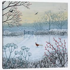 a painting of a bird on a snowy field