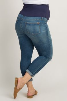 A pair of slightly distressed plus size maternity jeans featuring five pockets and an elastic belly band. The Blue Slightly Distressed Stretch Plus Maternity Jeans is perfectly bump-friendly! Bump Friendly Maternity Denim Jeans, Maternity Bump Friendly Denim Jeans, Plus Size Maternity, Belly Band, Maternity Jeans, Belly Bands, Plus Size Pregnancy, Small Shop, Maternity Clothes