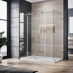 a bathroom with a glass shower door and wooden flooring, along with a potted plant