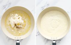 two images showing the same batter being made in a skillet and then combined with butter