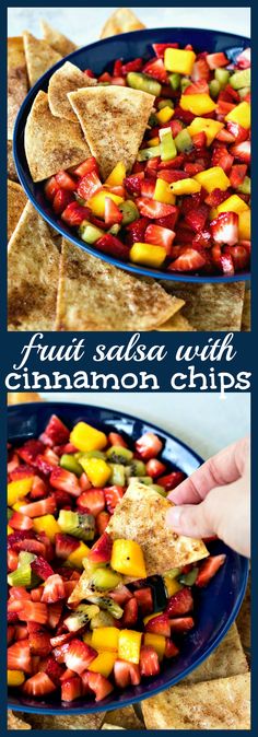 fruit salad with cinnamon chips is shown in two different images, and the same image has been