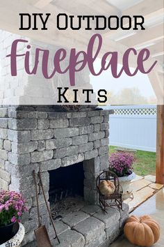 an outdoor fireplace with the words diy outdoor fireplace kits on it and pumpkins