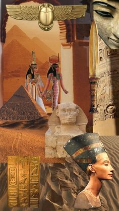 an egyptian collage with images of ancient egypt and the pyramids in the background