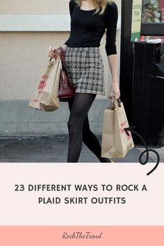 Person wearing a black top and plaid skirt holding shopping bags. Text: "23 Different Ways to Rock a Plaid Skirt Outfits". Plaid Skirt Combat Boots, Plaid Skirt With Boots, Grey Plaid Skirt Outfit, Plaid Mini Skirt Outfit, Plaid Skirt Outfits, Red Tartan Skirt, High Waisted Plaid Skirt, Grey Plaid Skirt, Yellow Plaid Skirt