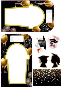 some black and gold paper with balloons on it's sides, one has a graduation cap