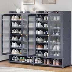 a large metal cabinet with many pairs of shoes on it's doors and shelves