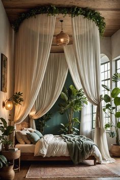 Spa Bedroom Decor Ideas, Curtain On Bed, Canopy Bed High Ceiling, Canopy Over Bed Ideas, Tulum Bedroom Ideas, Four Post Bedroom Ideas, Small Bedroom With Canopy Bed, Closet Curtain Ideas Bedroom Boho, High Ceiling Decorating Bedroom