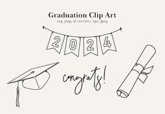 graduation cap and diploma scroll with the words congratulations clip art in black ink on a white background