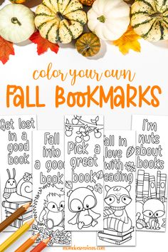 the fall bookmarks with pumpkins and other autumn items in front of it on a table