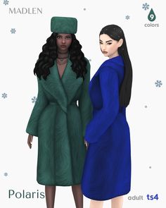 two women standing next to each other in front of snowflakes