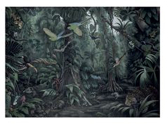 an image of birds flying in the jungle