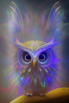 an owl sitting on top of a banana under a sky filled with stars and lights