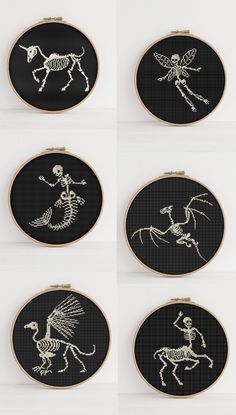 four different pictures of embroidery designs in black and white, each with a skeleton on it