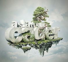 the words are floating in the air with trees on top of it and an upside down tree