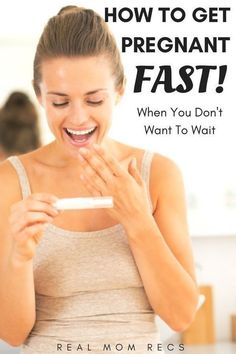 a woman laughing while holding a toothbrush in front of her face with the text how to get pregnant fast when you don't want to wait