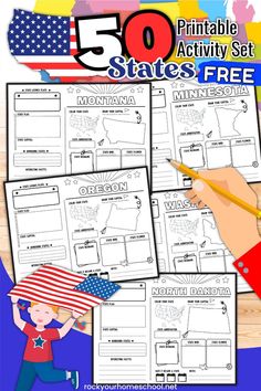 the 50 states worksheet is shown with an american flag and hand holding a pencil