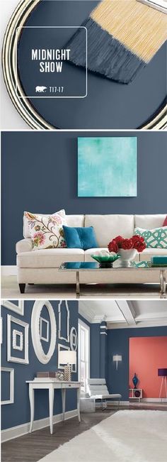 three different color scheme for a living room with blue walls and white furniture in it