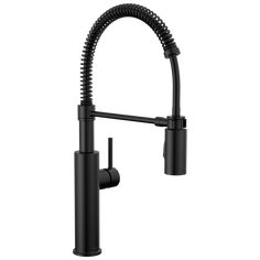 a black kitchen faucet with the handle extended