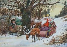 a painting of santa riding in a sleigh pulled by reindeers