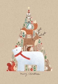 a christmas card with animals and trees on it