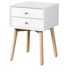 a white nightstand with two drawers and wooden legs